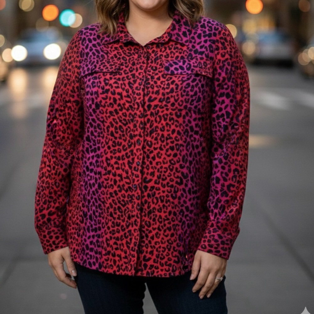 Leopard Print Button-Up Blouse - Red Pink and Black Size 18-20